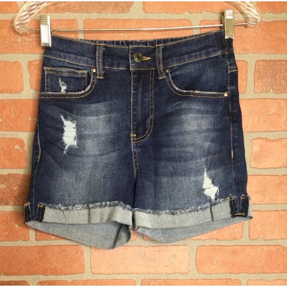 Grace & Lace Distressed Denim Shorts Size XS Elastic Waist Cuffed Hem